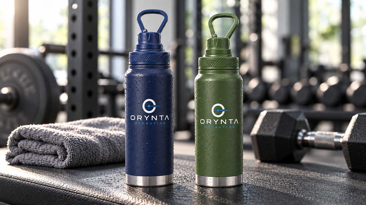 Blue and green ORYNTA ACTIVE gym water bottles on a gym bench