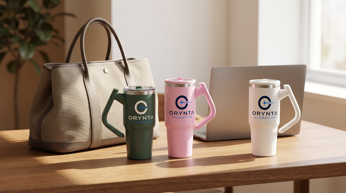 ORYNTA insulated tumblers in green, pink and white on a sunlit desk beside a travel bag