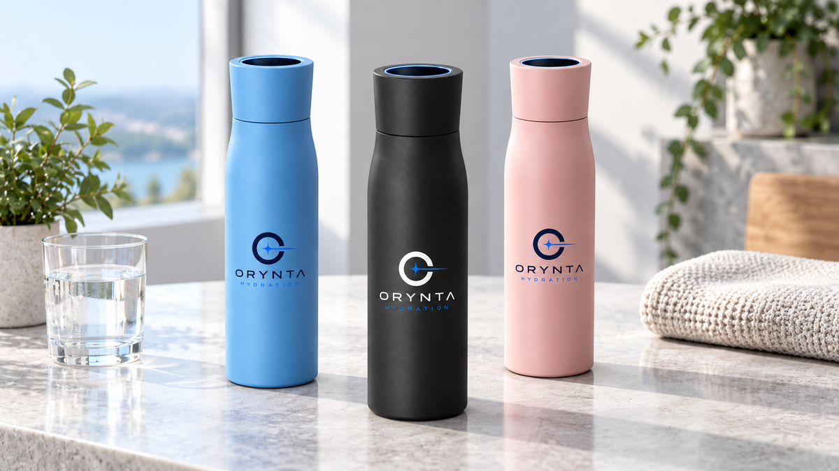 ORYNTA ONE smart water bottles in blue, black and pink on a light stone counter