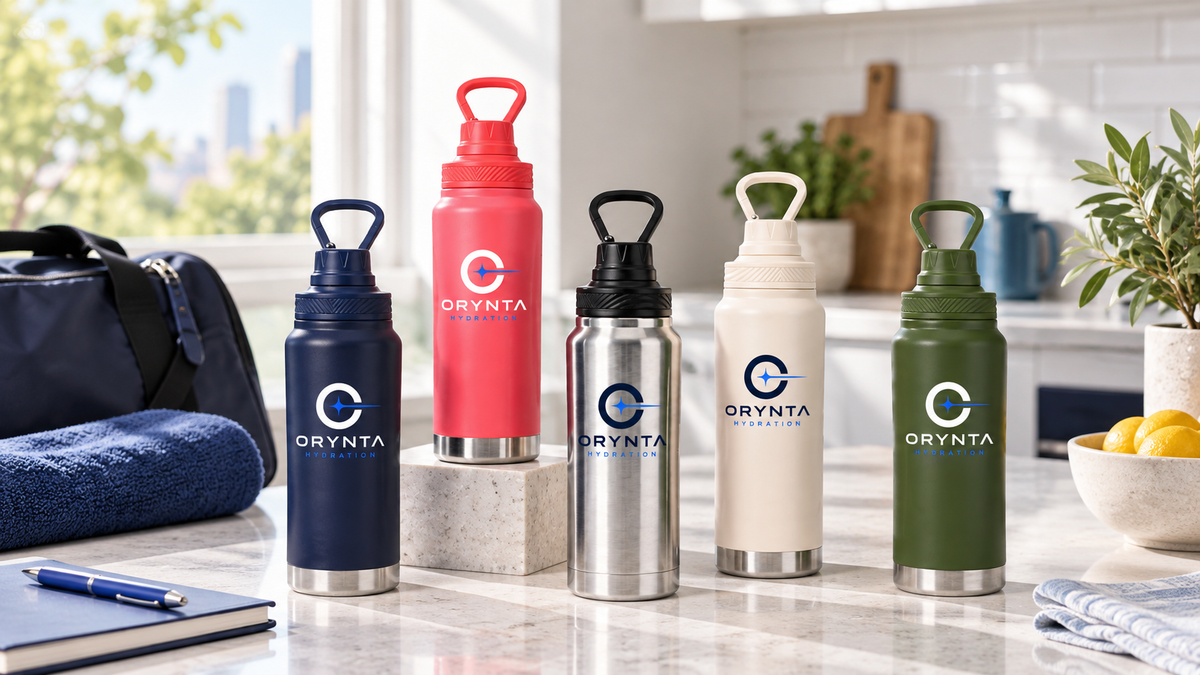 ORYNTA ACTIVE stainless steel water bottles in multiple colours on a bright kitchen counter