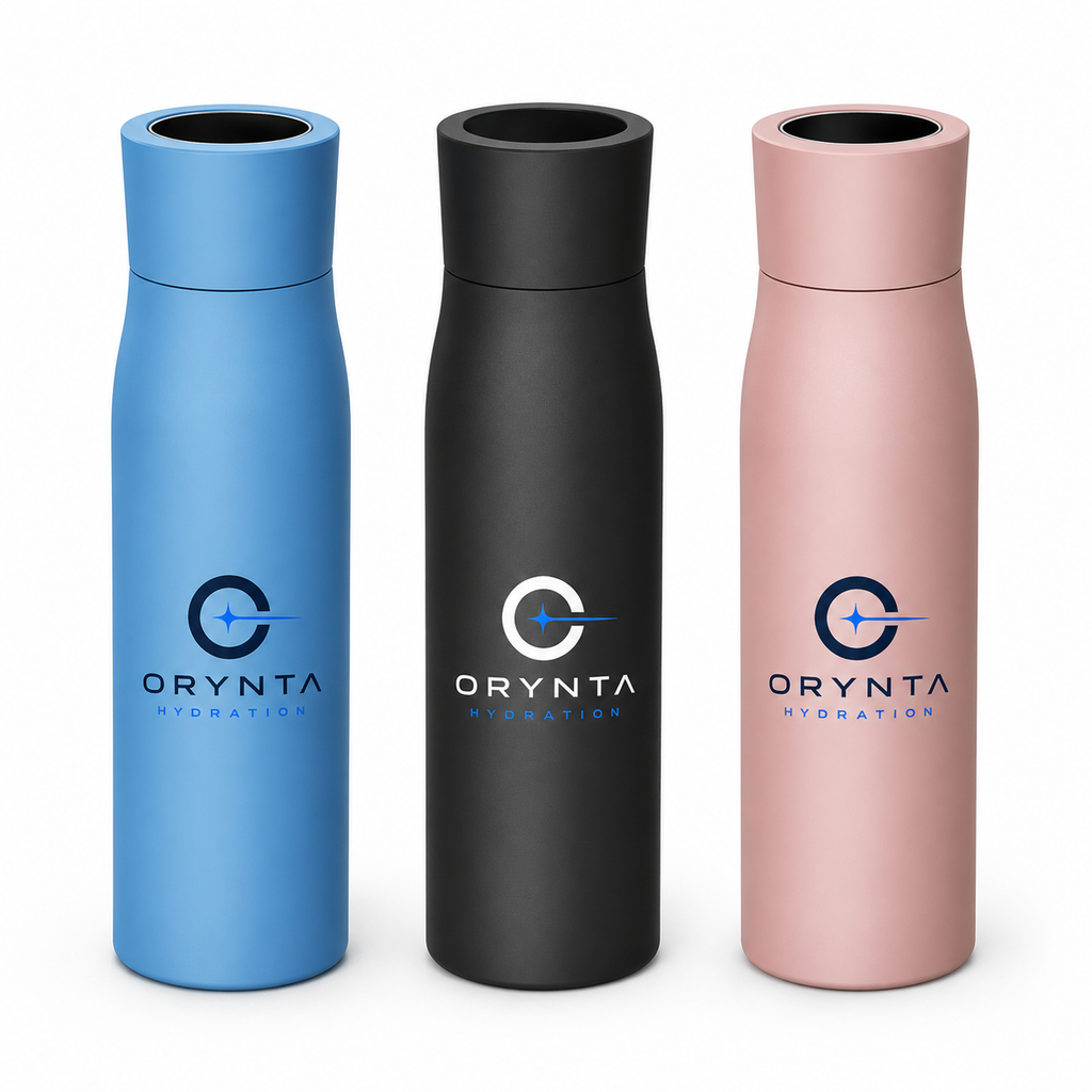 ORYNTA ONE smart water bottles in pink, light blue and black