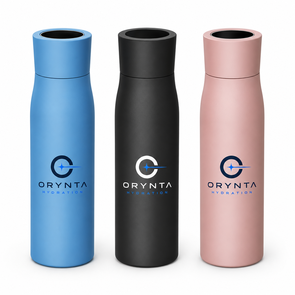 ORYNTA ONE smart water bottles in pink, light blue and black