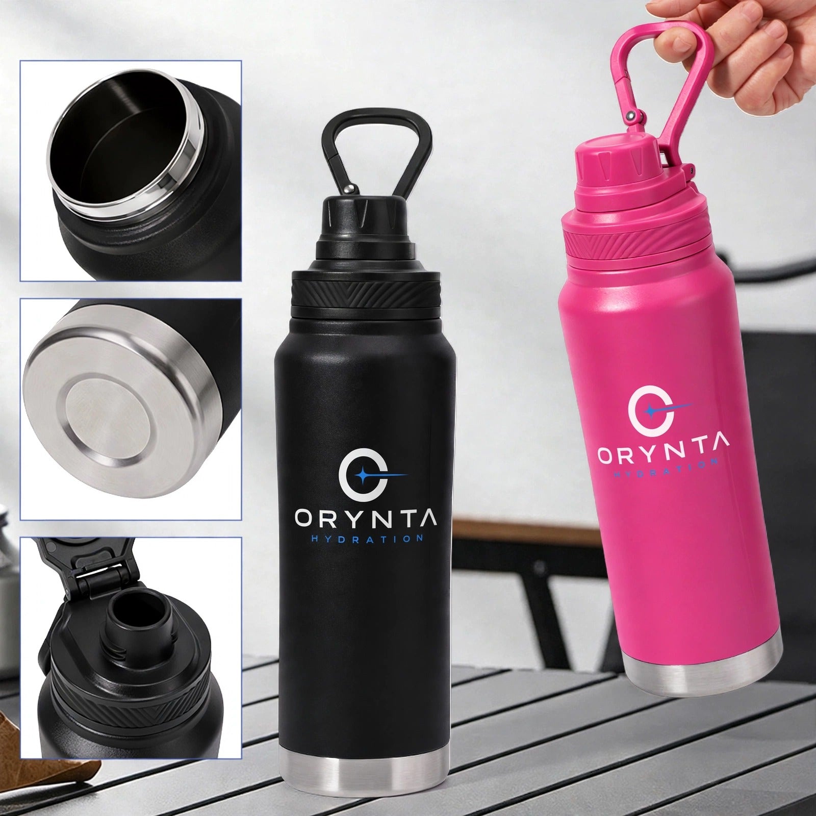 Black and pink ORYNTA ACTIVE insulated sports bottles