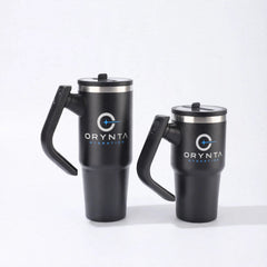 Black ORYNTA insulated tumbler with handle and straw