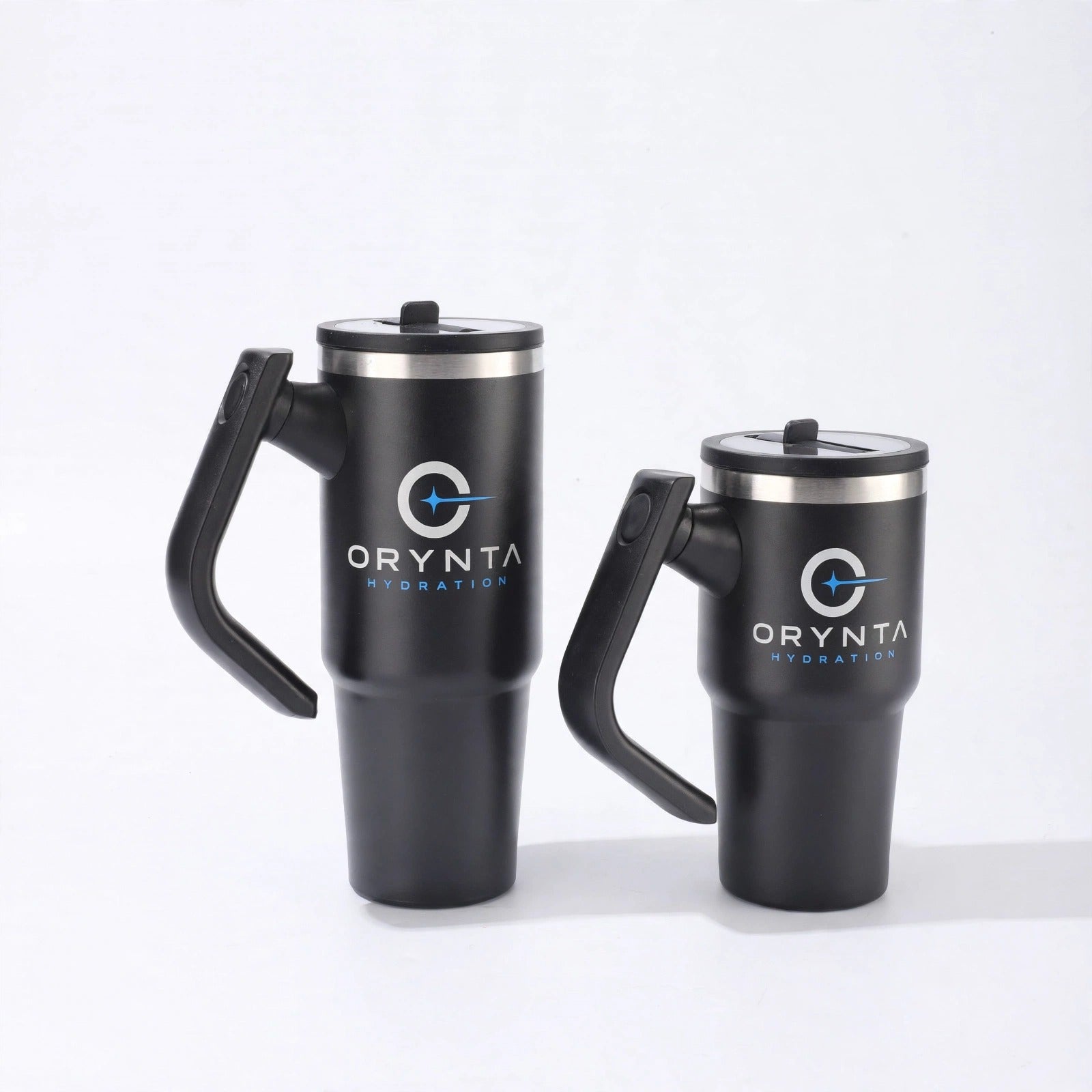 Black ORYNTA insulated tumbler with handle and straw