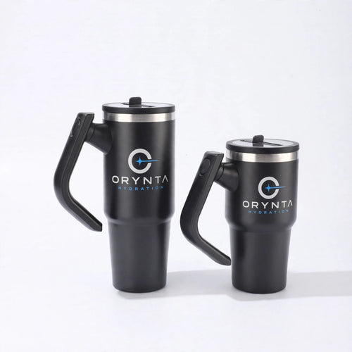 Black ORYNTA insulated tumbler with handle and straw