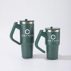 Green ORYNTA insulated tumbler with handle and straw