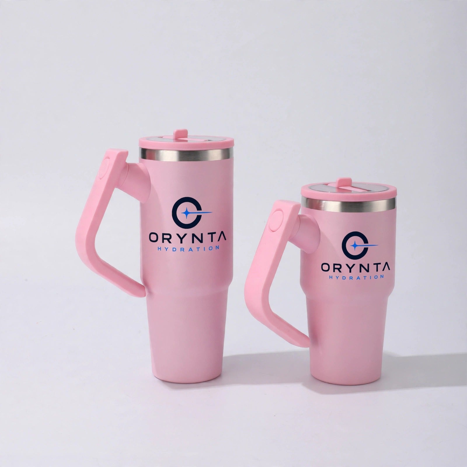 Light pink ORYNTA insulated tumbler with handle and straw
