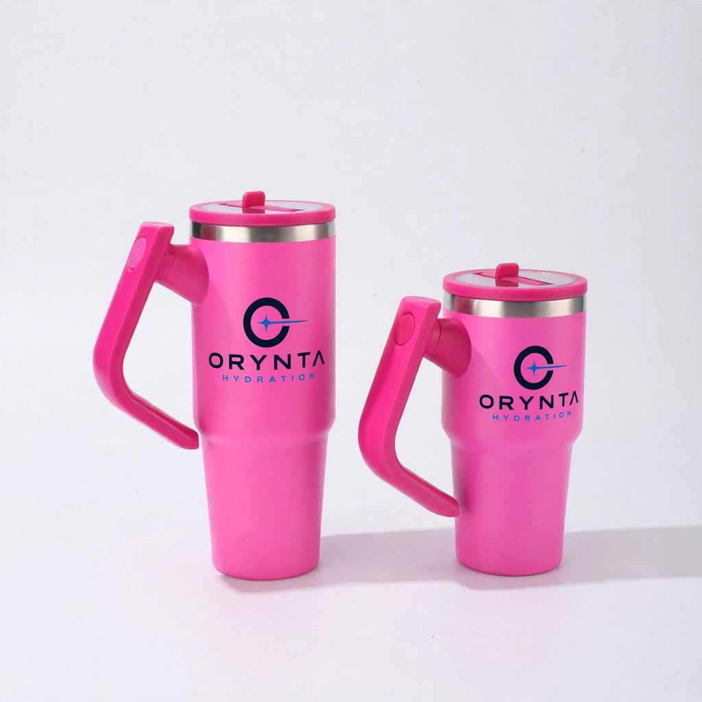 Pink ORYNTA insulated tumbler with rotating handle