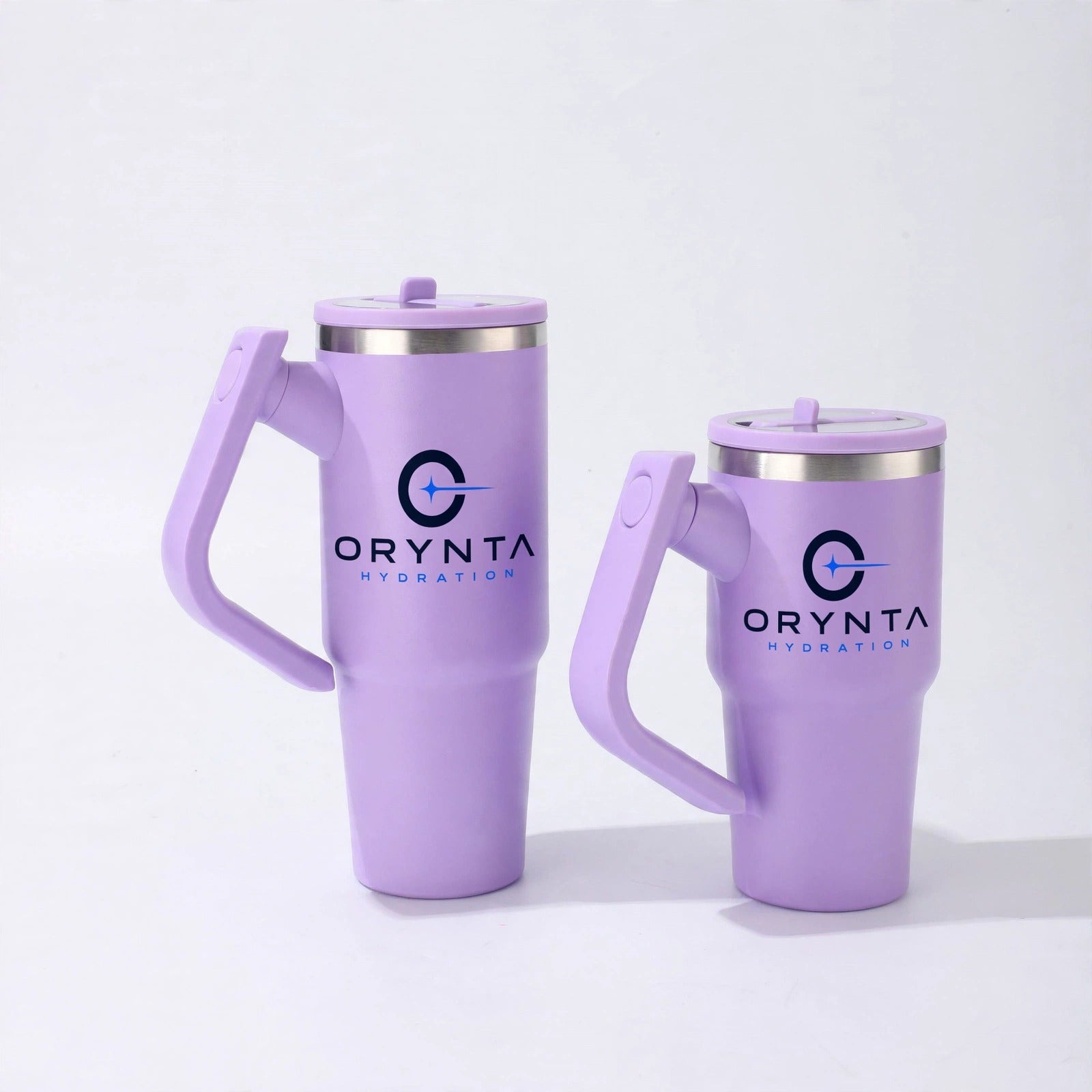 Purple ORYNTA insulated tumbler with handle and straw