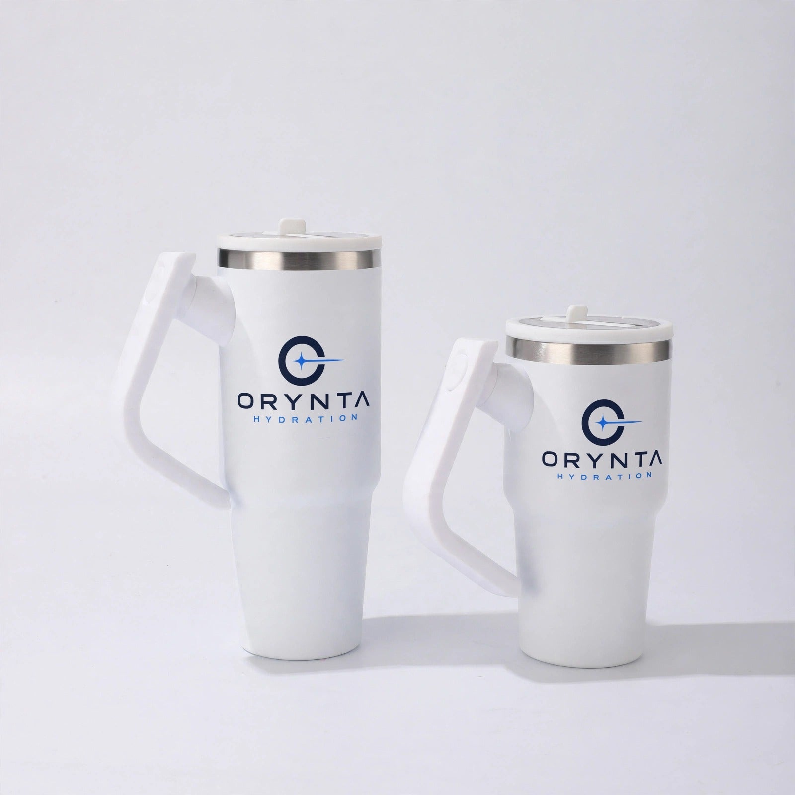 White ORYNTA insulated tumbler with handle and straw